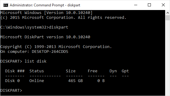 Utilizzo del comando Diskpart nella finestra del Prompt dei Comandi per convertire MBR in GPT