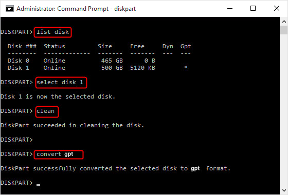 You can switch from MBR to GPT using the Diskpart command