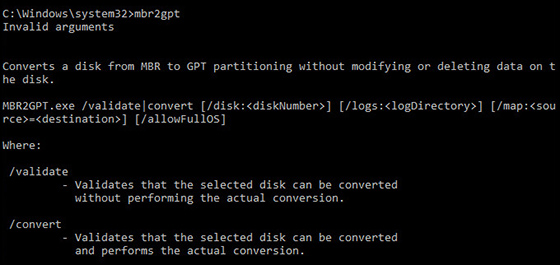 Changing MBR to GPT using MBR2GPT