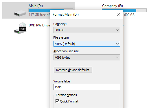 Formatieren eines Datenträgers, um sein Dateisystem zu ändern