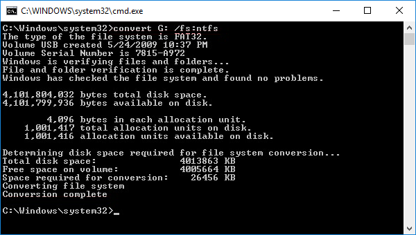 Converting FAT32 into NTFS with the command prompt