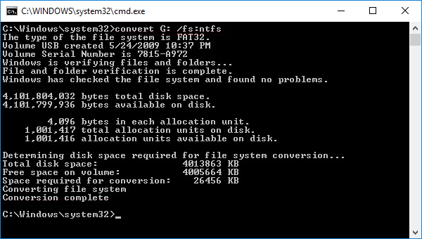 Преобразование FAT32 в NTFS с помощью командной строки