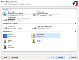 Der Assistent zur Dokumentwiederherstellung hilft Ihnen bei der Wahl zwischen den logischen Disks oder physischen Geräten