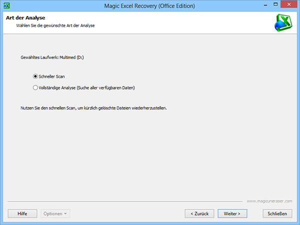 Wählen Sie zwischen einem schnellem Scan oder vollständiger Analyse, um die gelöschten Excel-Dokumente zu finden