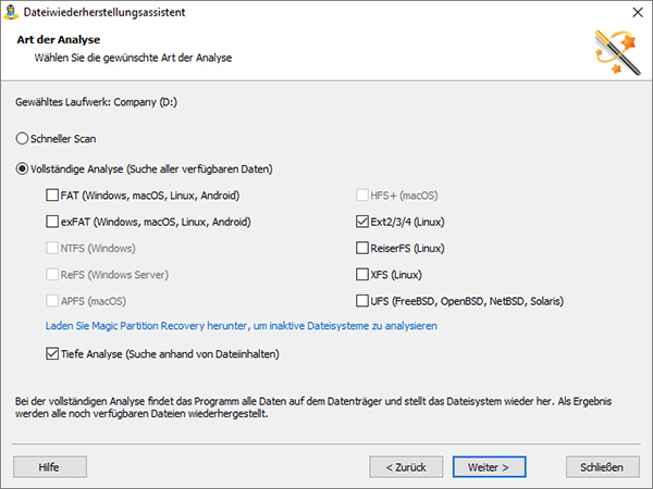 Wählen Sie den schnellen Scan für gesunde Partitionen und die vollständige Analyse für beschädigte Partitionen