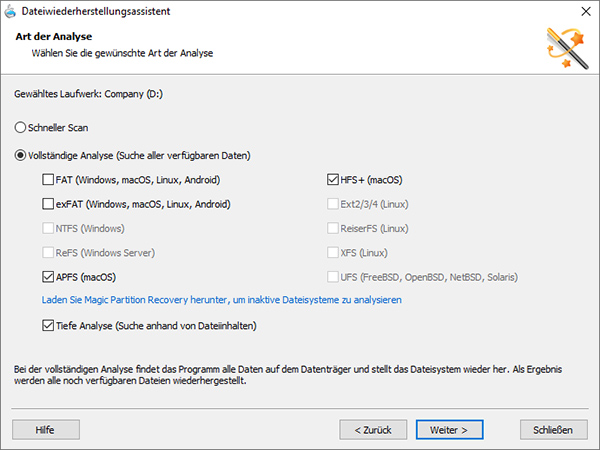 Wählen Sie einen Schnell-Scan für gesunde Festplatten und eine vollständige Analyse für beschädigte Partitionen