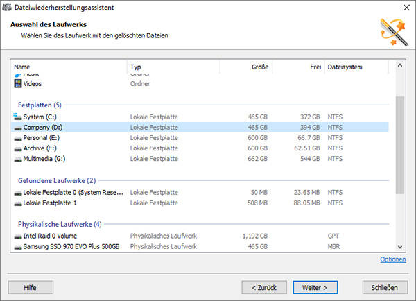 Wählen Sie den beschädigten, korrupten oder unzugänglichen Datenträger mit den wiederherzustellenden Dateien aus