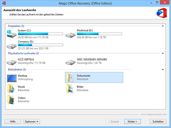 Starten Sie d Magic Office Recovery und wählen Sie den Datenträger mit den gelöschten Dateien aus