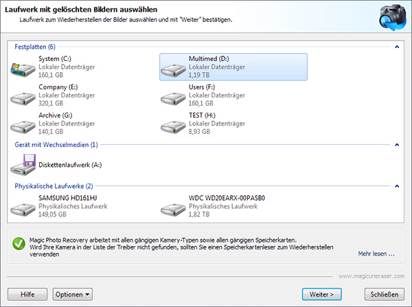 Wählen Sie den Datenträger mit den gelöschten Bildern aus und klicken Sie auf Weiter