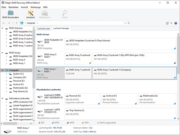 Benutzeroberfläche von Magic RAID Recovery mit physischen Laufwerken, erkannten RAID-Arrays und logischen Volumes für die NAS-Datenrettung.