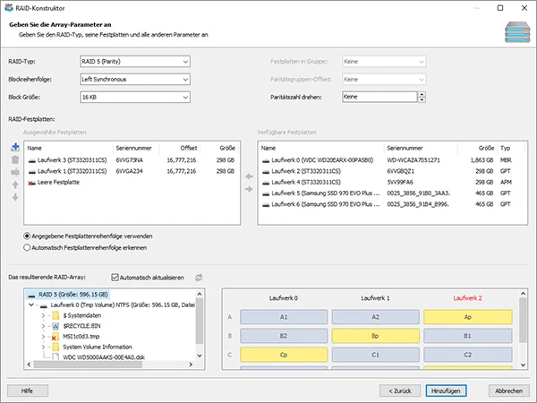 RAID Constructor in Magic RAID Recovery mit RAID-5-Parametern, ausgewählten Laufwerken, leerem Slot und visualisierter Blockverteilung.