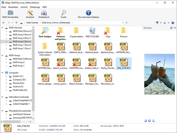 Wählen Sie die gewünschten Dateien aus oder stellen Sie den gesamten Inhalt des beschädigten RAIDs wieder her