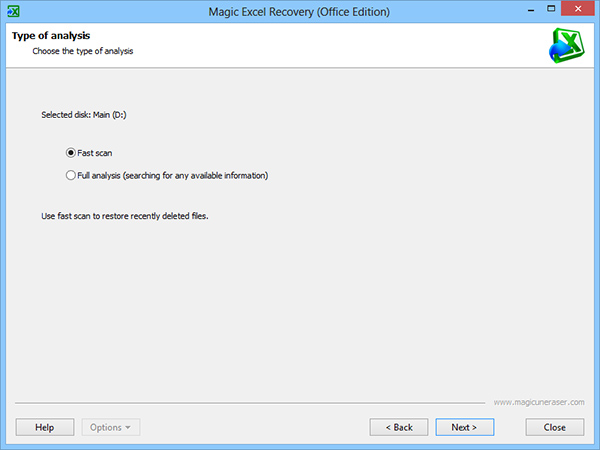 Choose between fast scan or full analysis to locate the deleted Excel documents