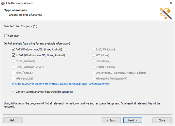 Choose the “Fast scan” for quick analysis and the “Full analysis” for an in-depth search