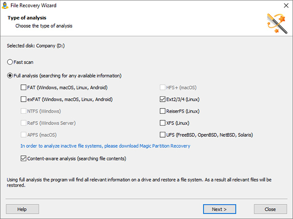 Choose the type of the scan: fast scan for healthy partitions and full analysis for damaged ones