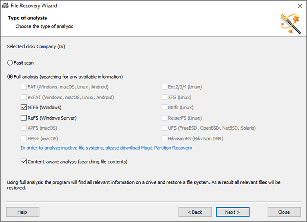 Using Magic NTFS Recovery: Choose between a fast scan or full analysis, depending on your needs