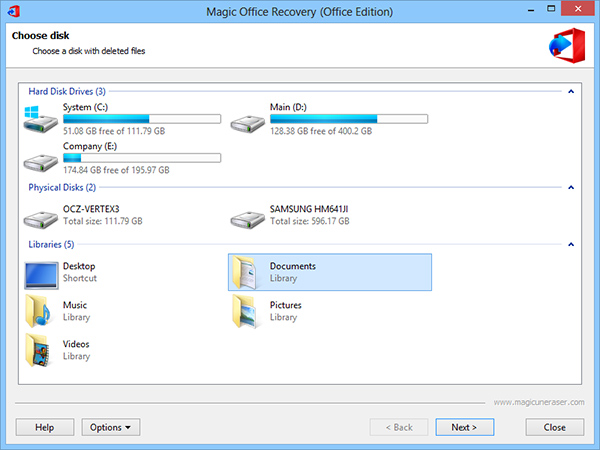 Start the Microsoft Office recovery tool and select the disk with deleted files