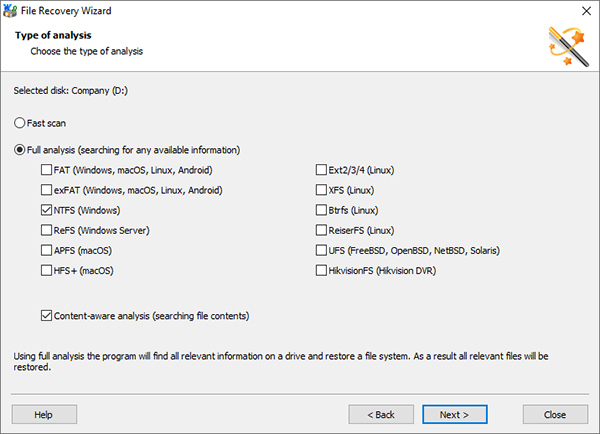 Using Magic Partition Recovery: Select a “Fast scan” or a “Full analysis” to locate FAT, NFTS, ReFS, and other files