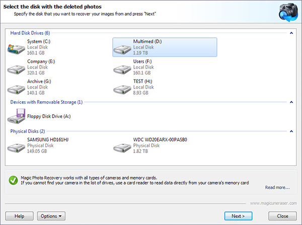 Using Magic Photo Recovery: Select the drive with deleted files