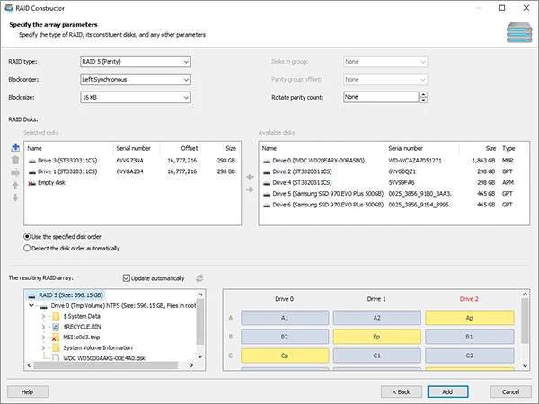 Magic RAID Recovery RAID Constructor showing RAID 5 parameters, selected disks, an empty disk slot, and the resulting block layout