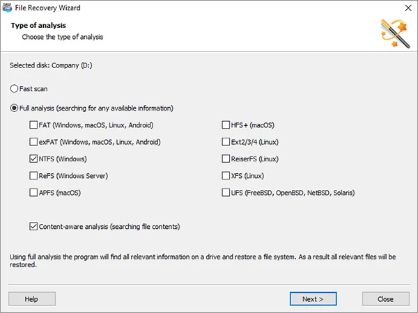 Magic RAID Recovery File Recovery Wizard showing Full analysis with NTFS and content-aware analysis selected