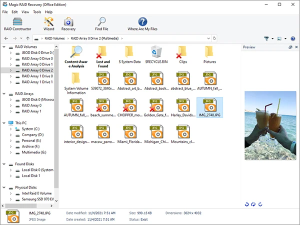 Magic RAID Recovery interface showing recovered folders, image files, and a selected photo in the Preview pane