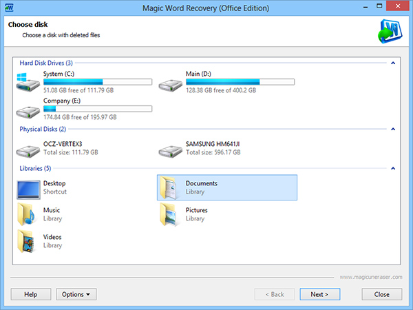 Open the Word recovery software and choose a disk with missing files