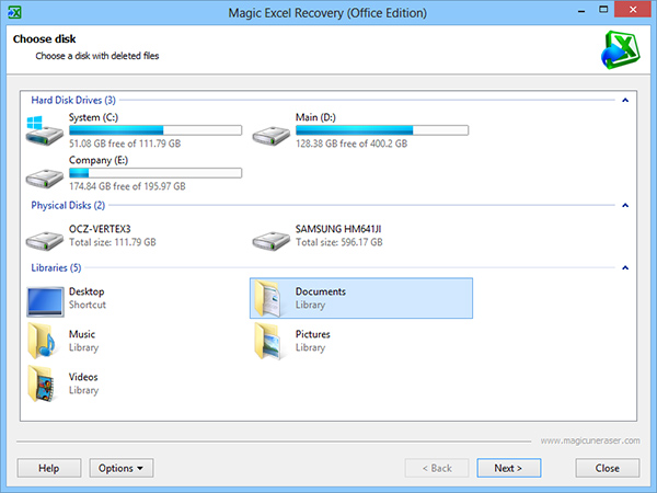 Abre Magic Excel Recovery y selecciona el disco con los archivos de Excel perdidos o dañados