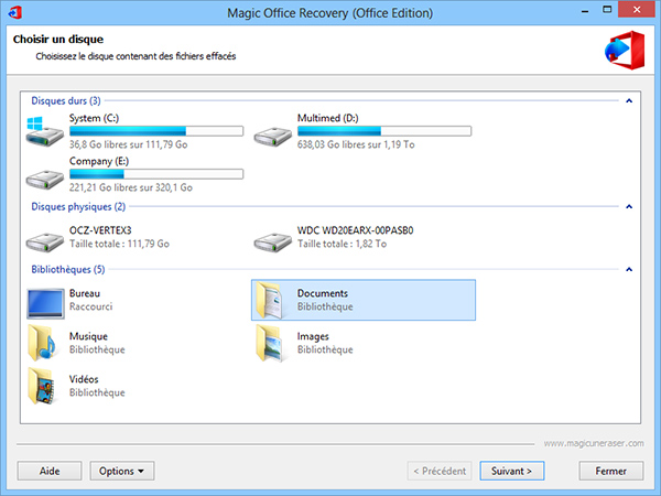 Démarrez l'outil de récupération Magic Office Recovery et sélectionnez le disque contenant les fichiers supprimés
