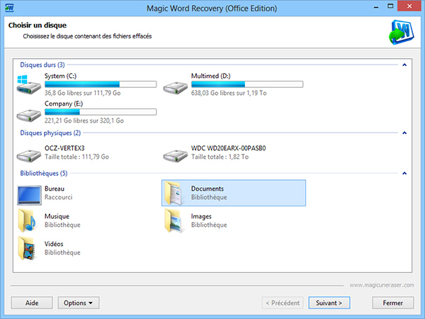 Ouvrez Magic Word Recovery et choisissez un disque contenant des fichiers manquants