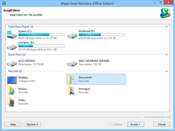 Apri Magic Excel Recovery e seleziona il disco con i file Excel persi o danneggiati