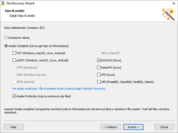 Scegli la scansione veloce per le partizioni sane e l'analisi completa per quelle danneggiate