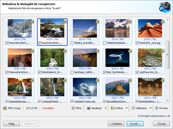 Tutte le immagini trovate vengono mostrate nell'elenco di anteprima. Seleziona i file da ripristinare