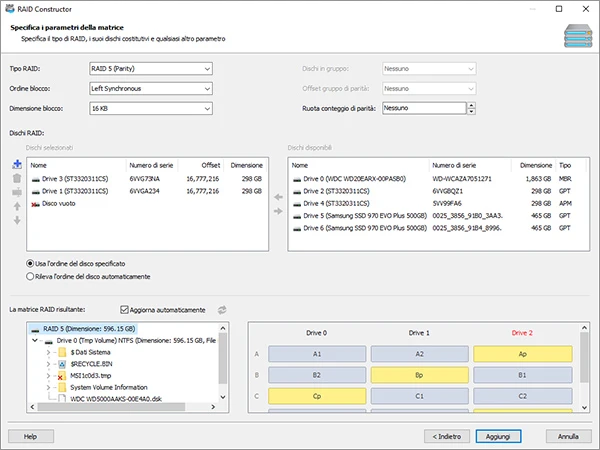 RAID Constructor di Magic RAID Recovery con parametri RAID 5, dischi selezionati, uno slot vuoto e la disposizione dei blocchi risultante.
