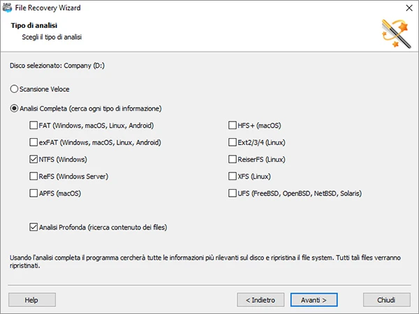 File Recovery Wizard di Magic RAID Recovery con analisi completa, NTFS e analisi basata sul contenuto selezionate.